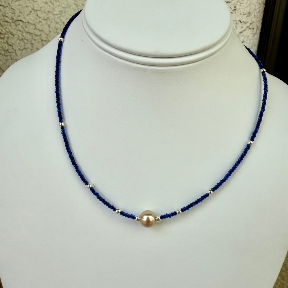 Hand Crafted Pearl Focal Beaded Blue Seed Beads Necklace